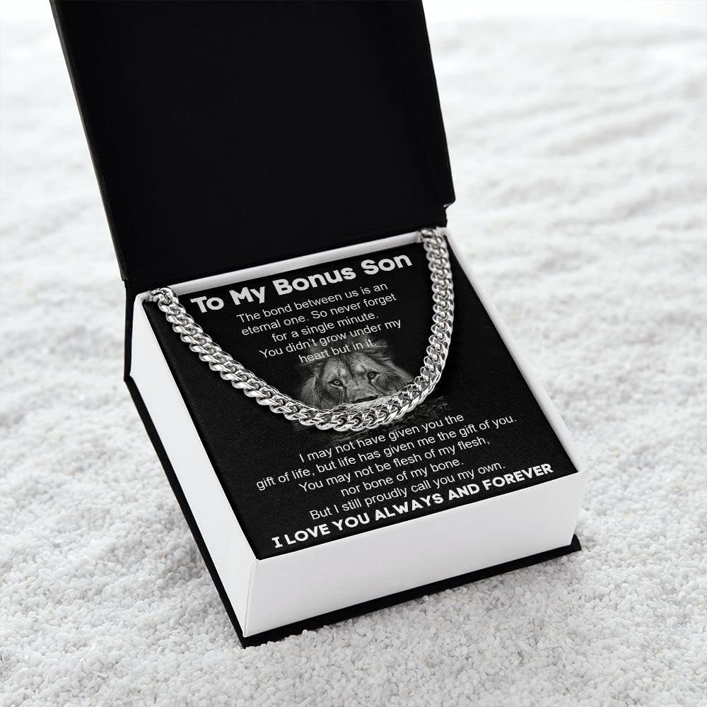 Cuban Link Chain Necklace for Bonus Son - Mom's Gift with Message Card and Box, Adjustable Cord
