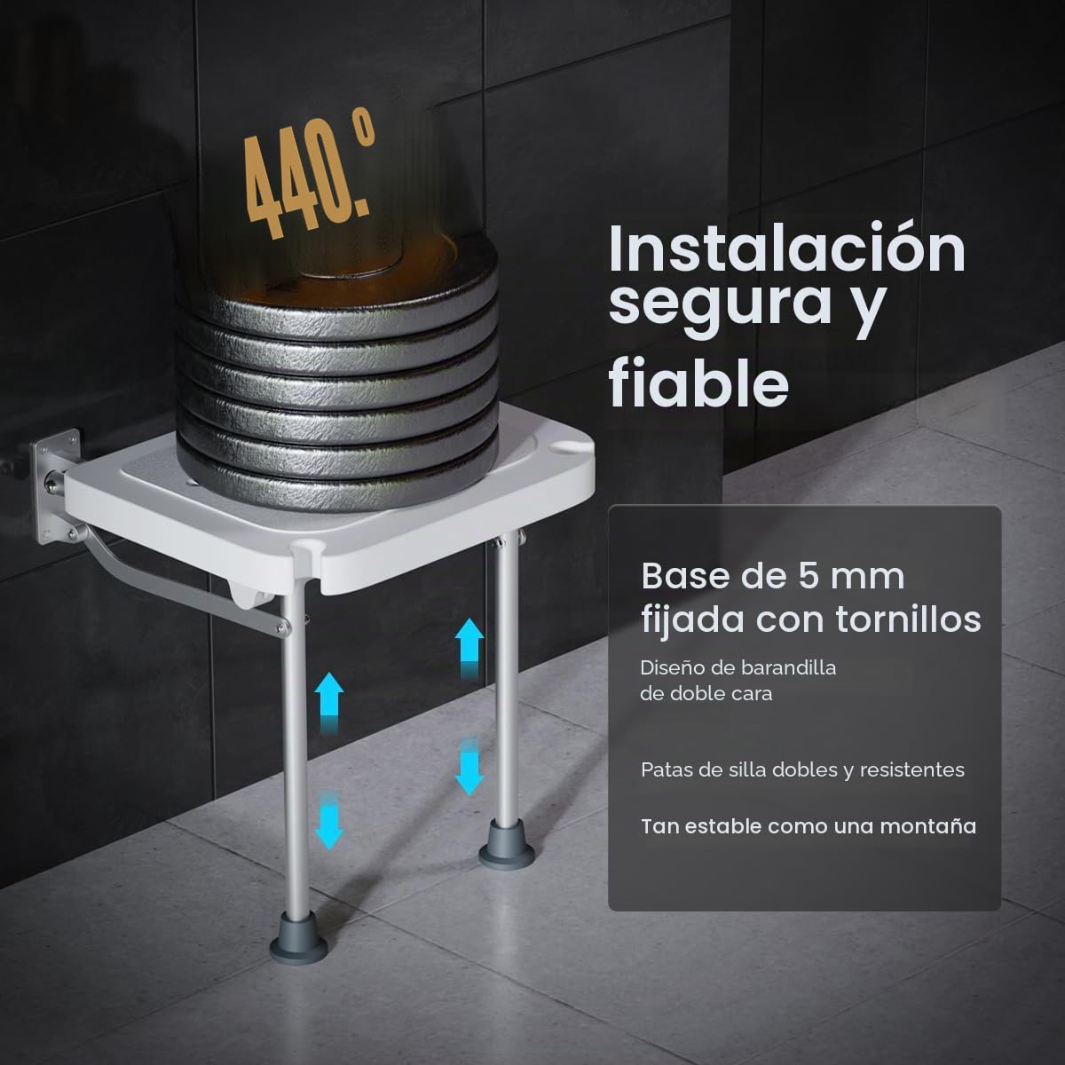 Visone - Taburete de ducha plegable para pared, asiento de ducha de 42 cm de alto con patas antideslizantes, agujero de drenaje, ranura para cabezal de ducha, adecuado para personas mayores y