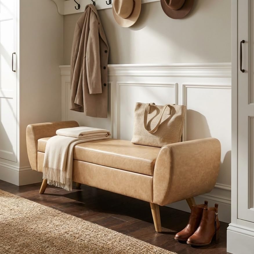 Image of HomePop 60 inch Modern Storage Bench with Wood Legs - Sand Faux Leather