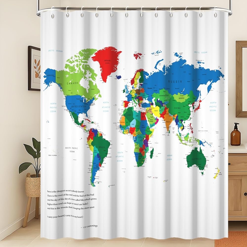 Rideau de douche carte du monde anti-moisissure lavable en machine pour grand bac