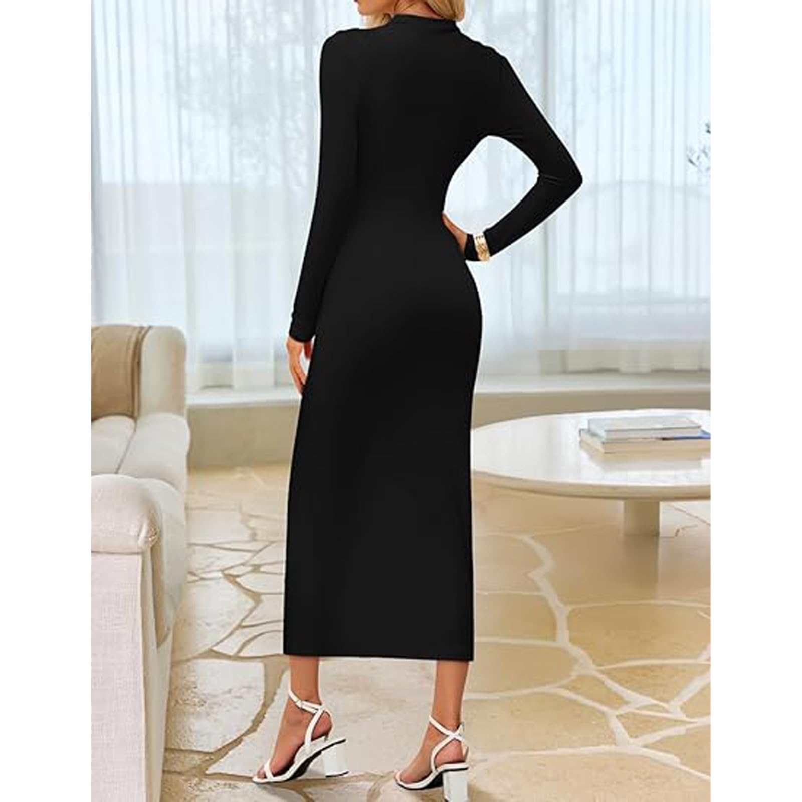 Vestito da Cocktail Donna Sexy Maniche Lunghe Aderente Maxi Abito Elegante Cerimonia Vestiti Lungo Business Abito da Cocktail Formale Lavoro Autunno e Invernale per Sera Partito Festa Matrimonio