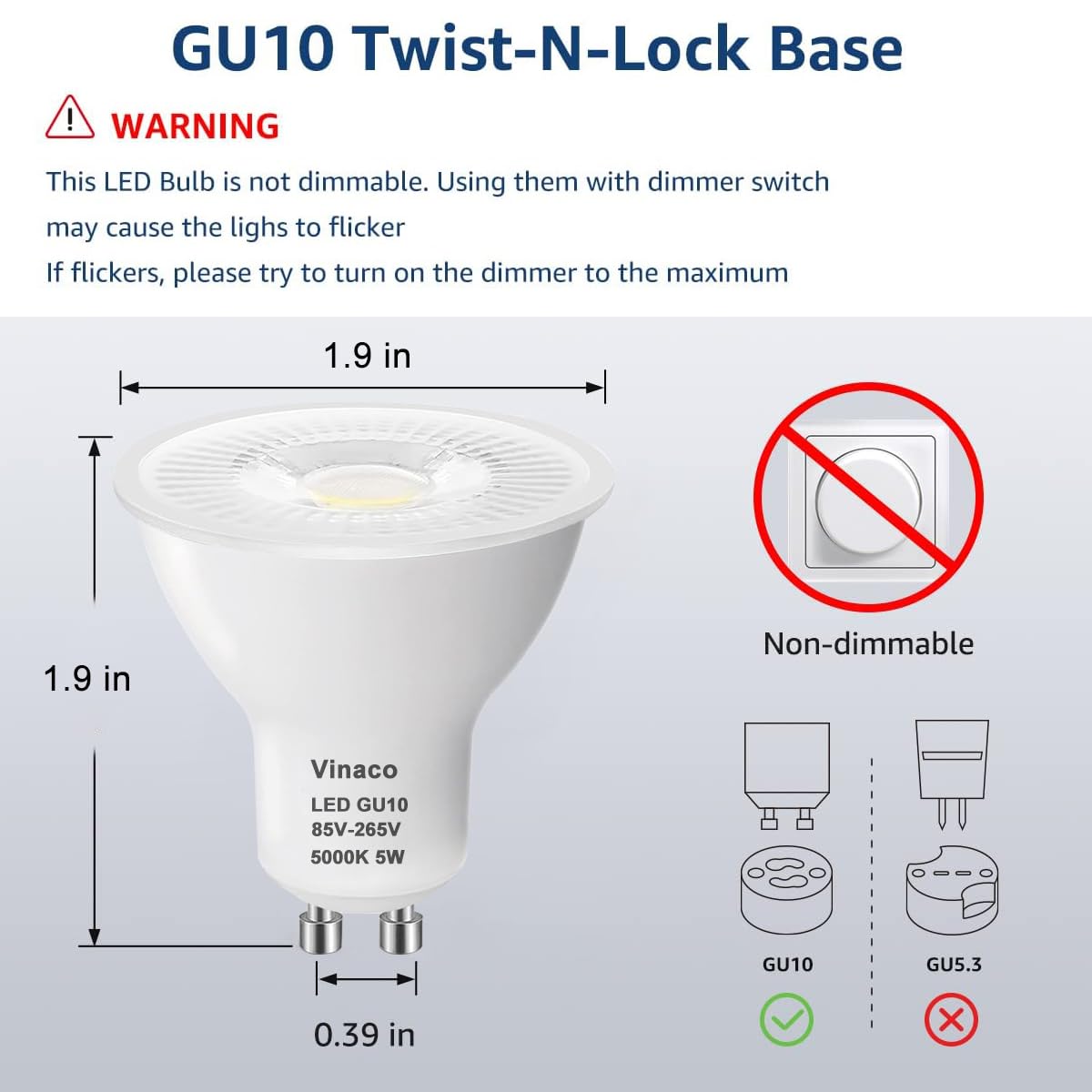 5W Non Dimmable GU10 Simba Lighting 6-Pack GU10 LED Bulbs - 5W, 5000K ...