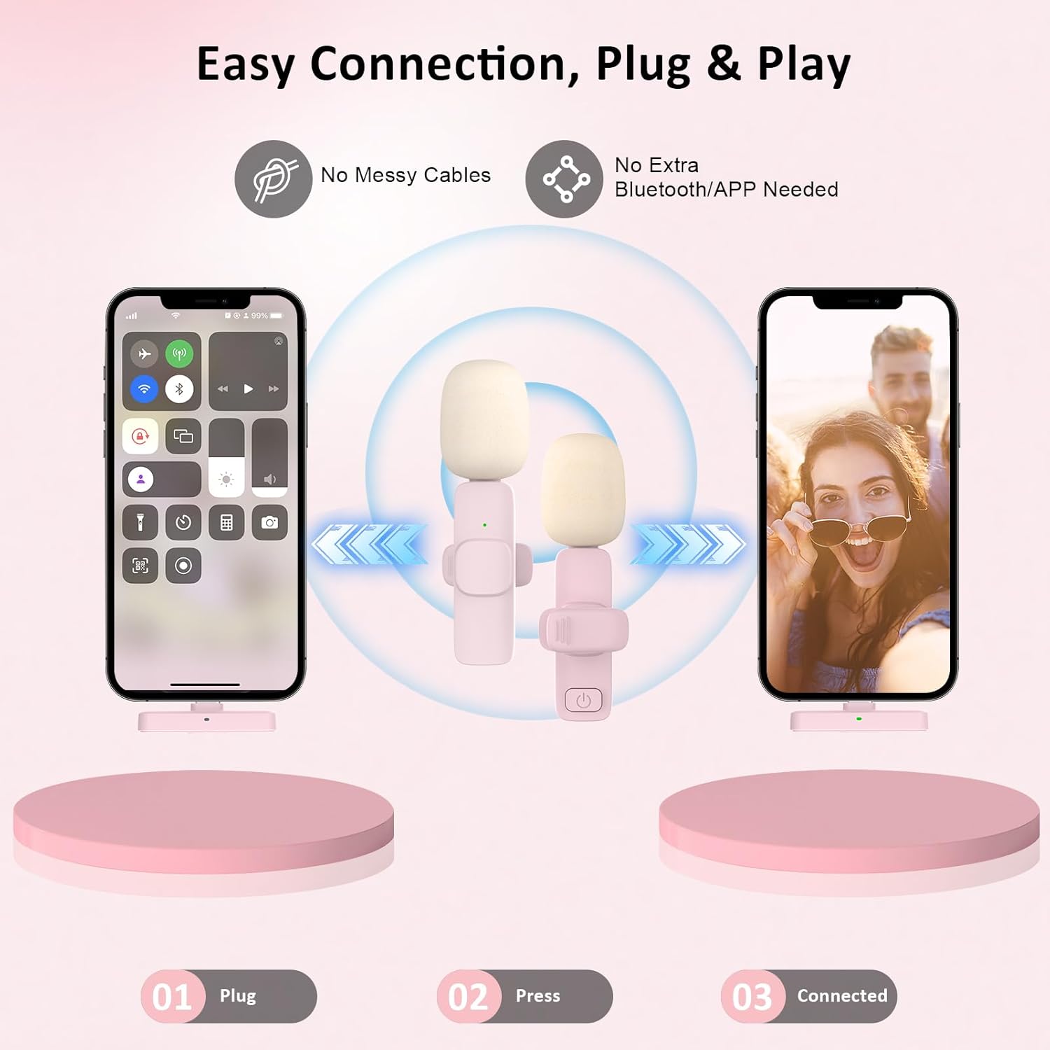 Diagram showing the three steps for easy connection: Plug the receiver into the phone, press the microphone's power button, and observe the connected status.