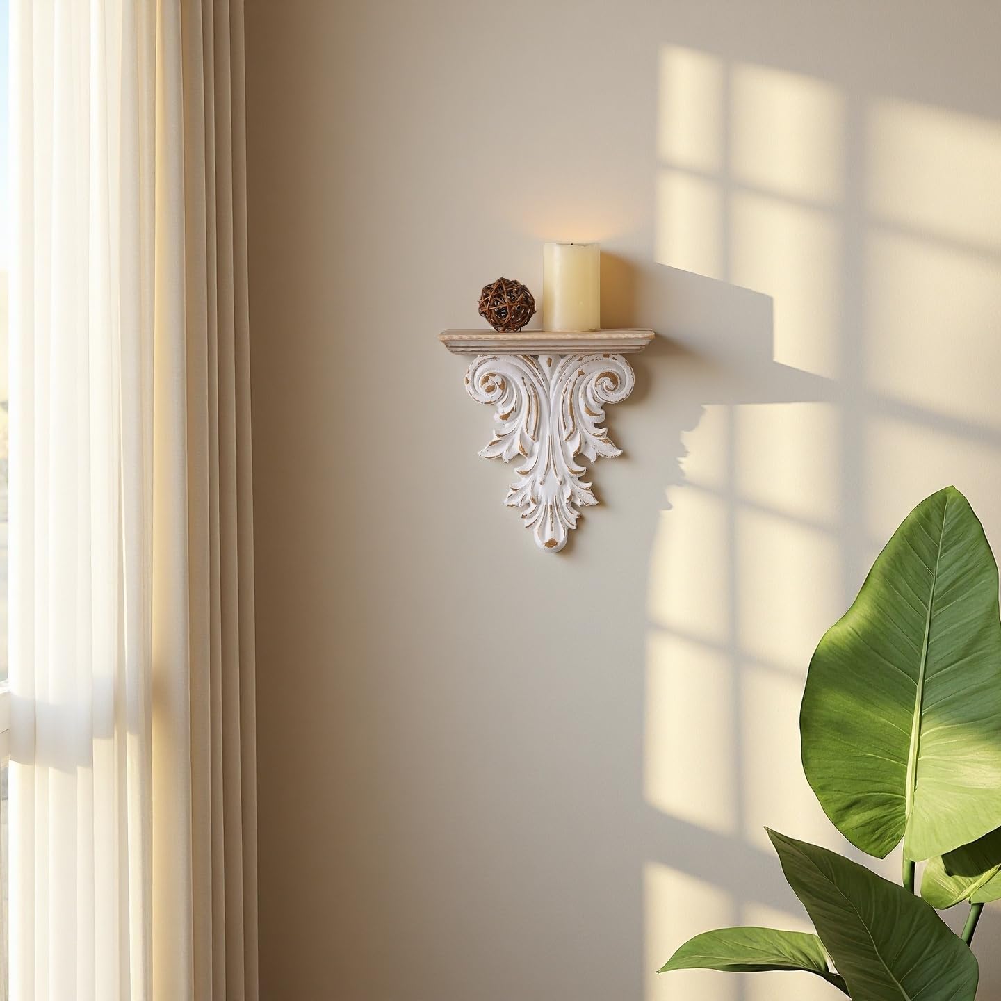 SOFE Vintage Wood Floating Shelf, 7 Inches Wide Rustic White Wall Shelf, Small Wall Mounted Shelves for Bedroom, Living Room, Hallway, Office Decor