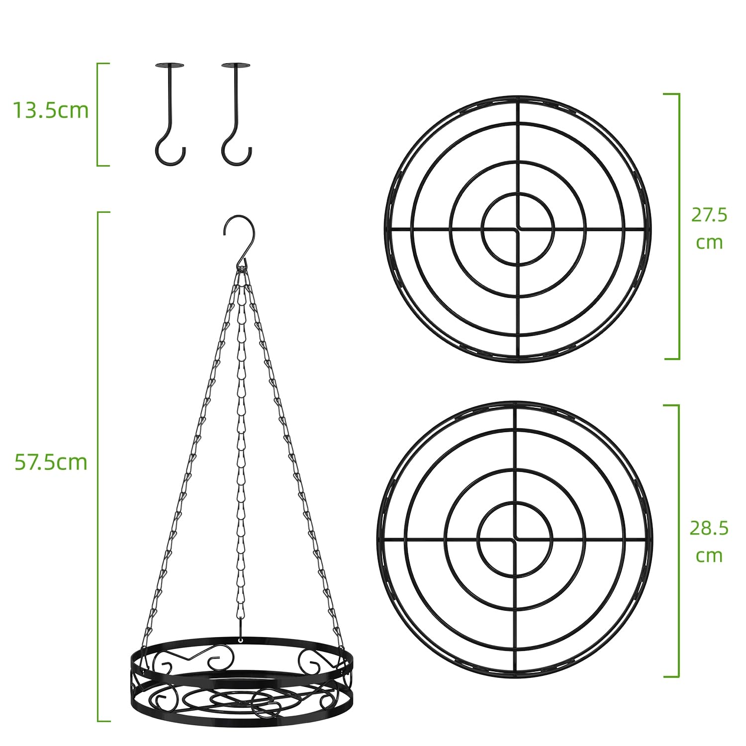 Bomclap Lot de 2 jardinières suspendues en métal, noires, pots de fleurs avec chaînes et crochets de plafond, usage intérieur et extérieur