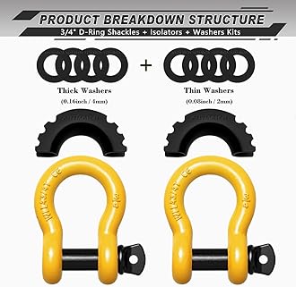 AUTMATCH D Ring Shackle 3/4" Shackles (2 Pack) 41,887Ibs Break Strength with 7/8" Screw Pin and Shackle Isolator Washers Kit for Tow Strap Winch Off Road Vehicle Recovery Yellow & Black