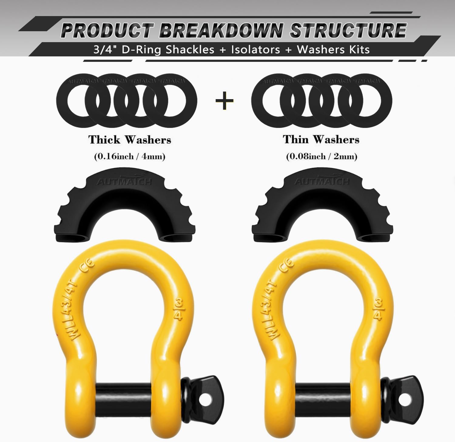 AUTMATCH D Ring Shackle 3/4" Shackles (2 Pack) 41,887Ibs Break Strength with 7/8" Screw Pin and Shackle Isolator Washers Kit for Tow Strap Winch Off Road Vehicle Recovery Yellow & Black