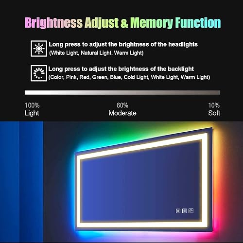 Miniatura 5 de Espejo de baño LED con retroiluminación RGB, espejo rectangular LED HD con control táctil, antivaho, función de memoria, espejo de maquillaje RGB