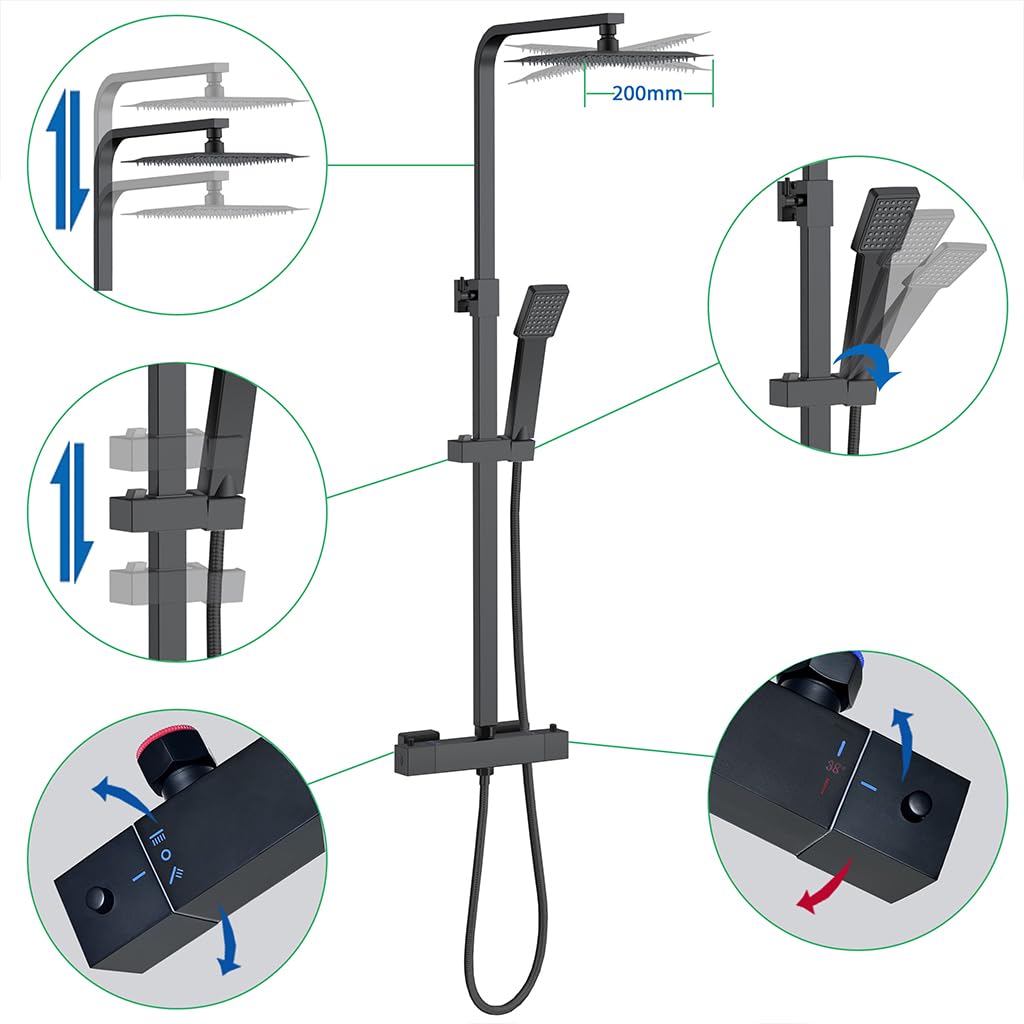 AICA Colonna Doccia con Miscelatore Termostatico, Rubinetto Doccia 283x40mm, Soffione Doccia Quadrato in Acciaio Inox 20x20cm, Altezza Regolabile 730-1150mm, Set Doccia Completo Nero