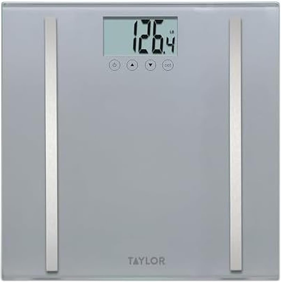 Taylor Body Composition Scale with Body Fat, Body Water and Muscle Mass Analysis - 11.8 x 11.8 in Tempered Glass Platform, 400 lb Capacity, Tracks Up to 8 Users, Silver
