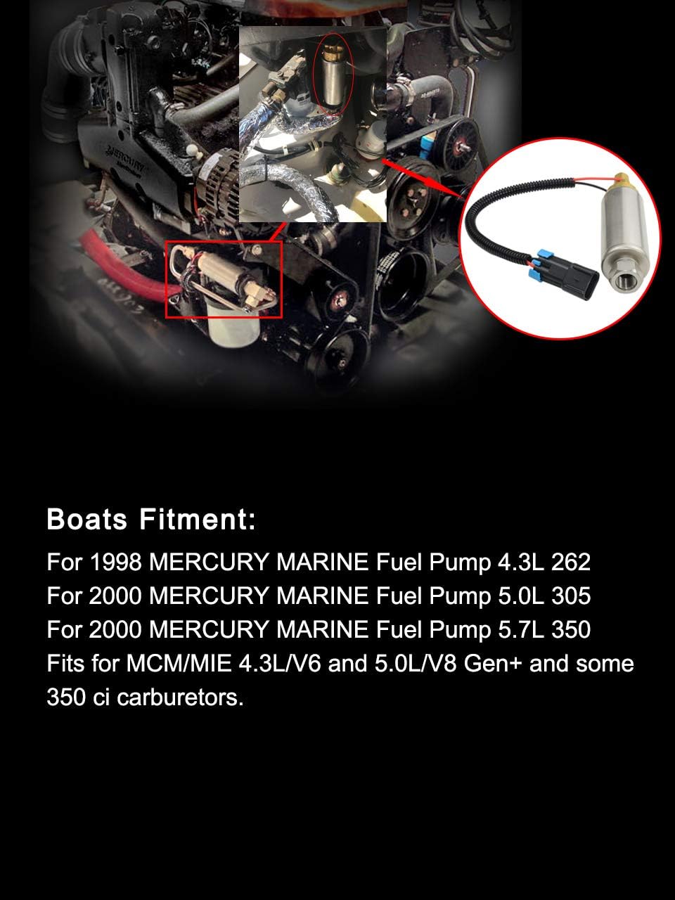 Electric Fuel Pump Fits for Mercury Mercruiser Marine Boat 4.3L 5.0L 5.7L V6 V8, for Low Pressure Pump 861155A3