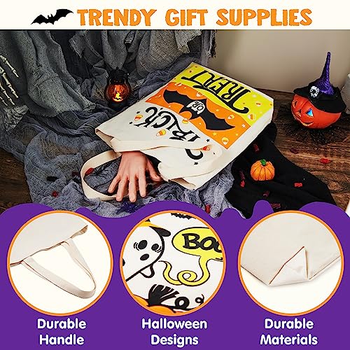Image of JOYIN 3PCS 13.75 inch Large Halloween Tote Treat Bags for Trick or Treating, Halloween Goodie Candy Bags, Reusable White Canvas Gift Bag for Kids Party Favor Supplies, Snack Grocery Tote with Handles