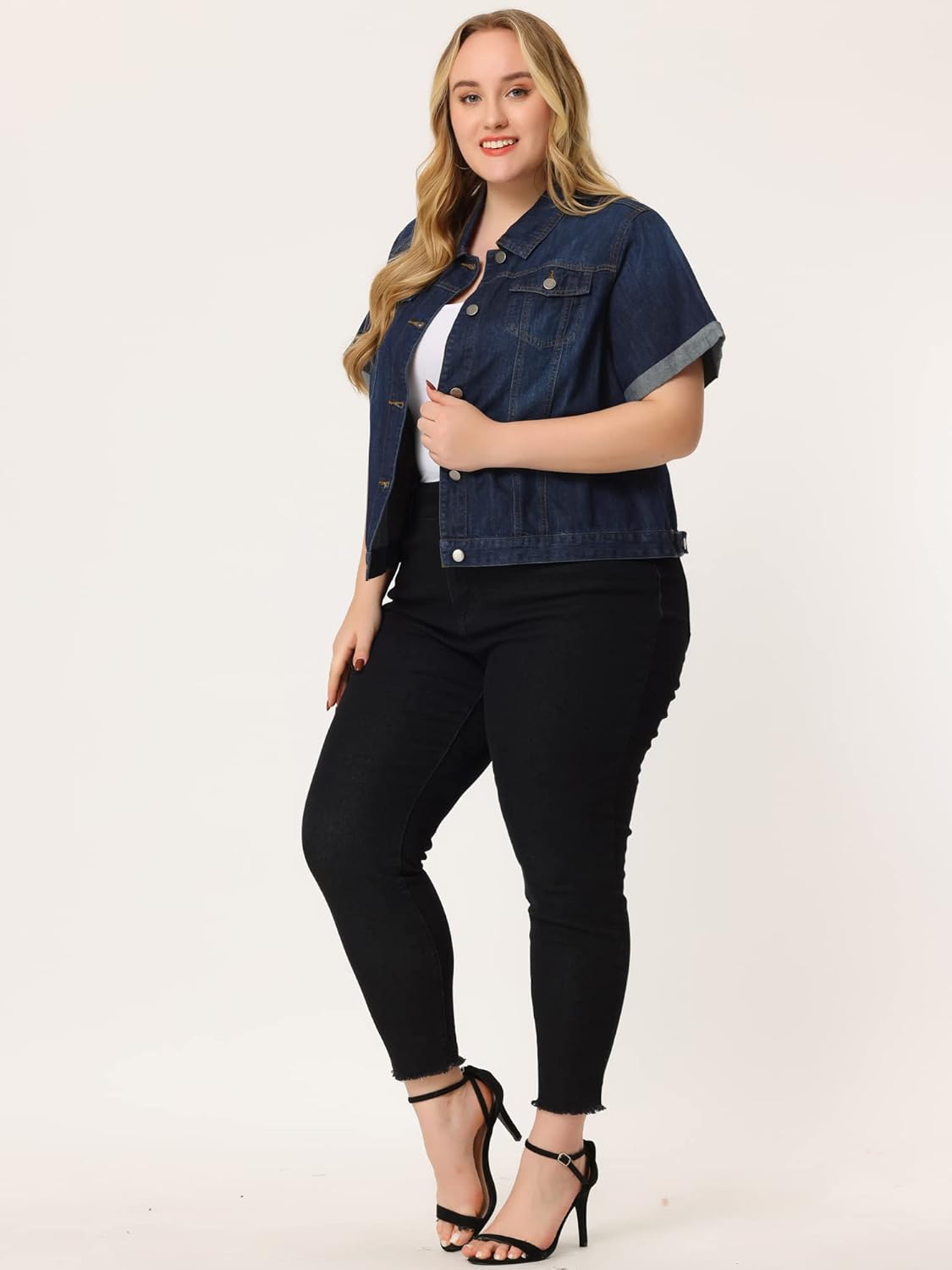 Agnes Orinda Women's Plus Size Denim Jacket Short Sleeve Lapel Button Front Work Western Outfit Jean Jackets - Image 3