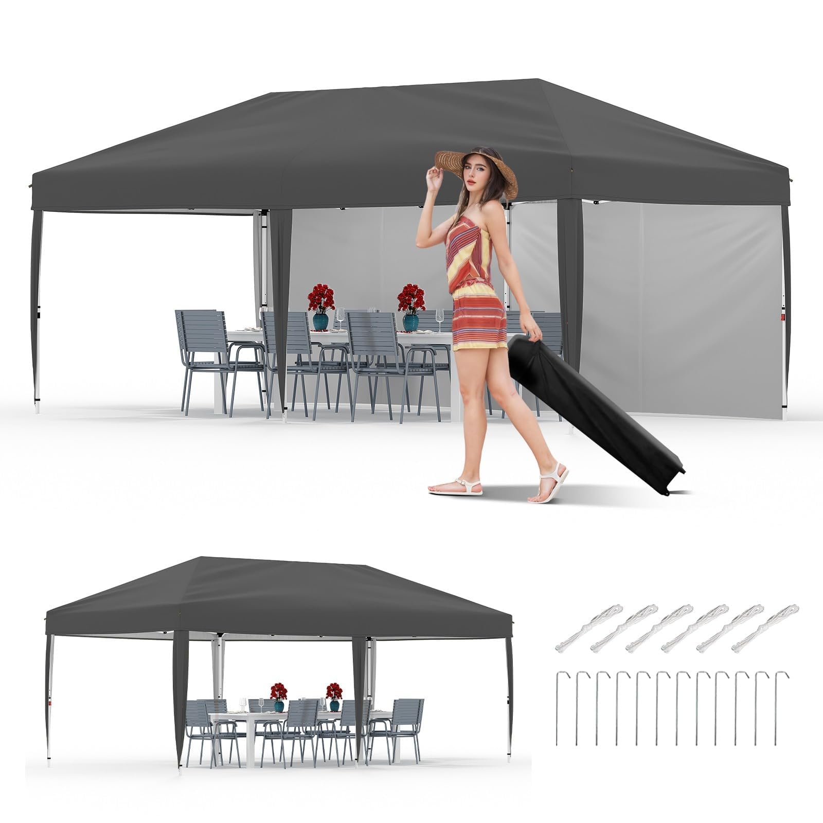 Pop Up Gazebo with 2 Removable Sidewalls, 3m x 6m Outdoor Garden Marquee Shelter Canopy, UV Protection, Adjustable Steel Frame, Easy Setup, Includes Roller Bag, Weight Bags, Stakes & Ropes
