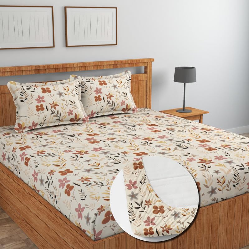 Image of NEW LEAF Cotton Fitted King Bedsheets with 2 Pillow Covers | Elastic Fitted | Wrinklefree | Ultrasoft |Winter Bedsheet 200 to 220 tc Floral | 78x72+8 Inches, Floral Almonds Beige
