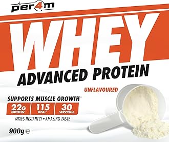 Per4m Whey Protein Powder | High Protein Shake for Muscle Growth & Recovery | Low Sugar Gym Supplement | Sports Nutrition Drink + Amino Acids (900g, Unflavoured)