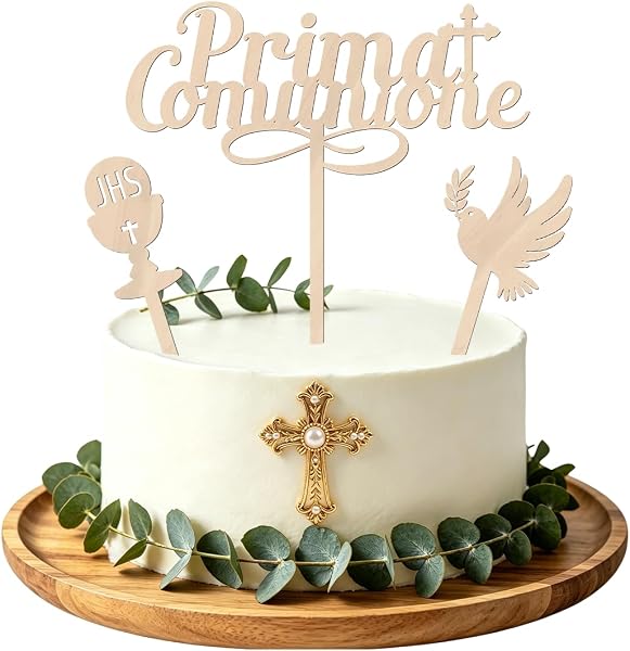 3pcs Topper Torta Prima Comunione Legno, Cake Topper Comunione con Calice Piccione, Addobbi Torta Cresima per Bambini Decorazione Torta Cupcake Battesimo Festa