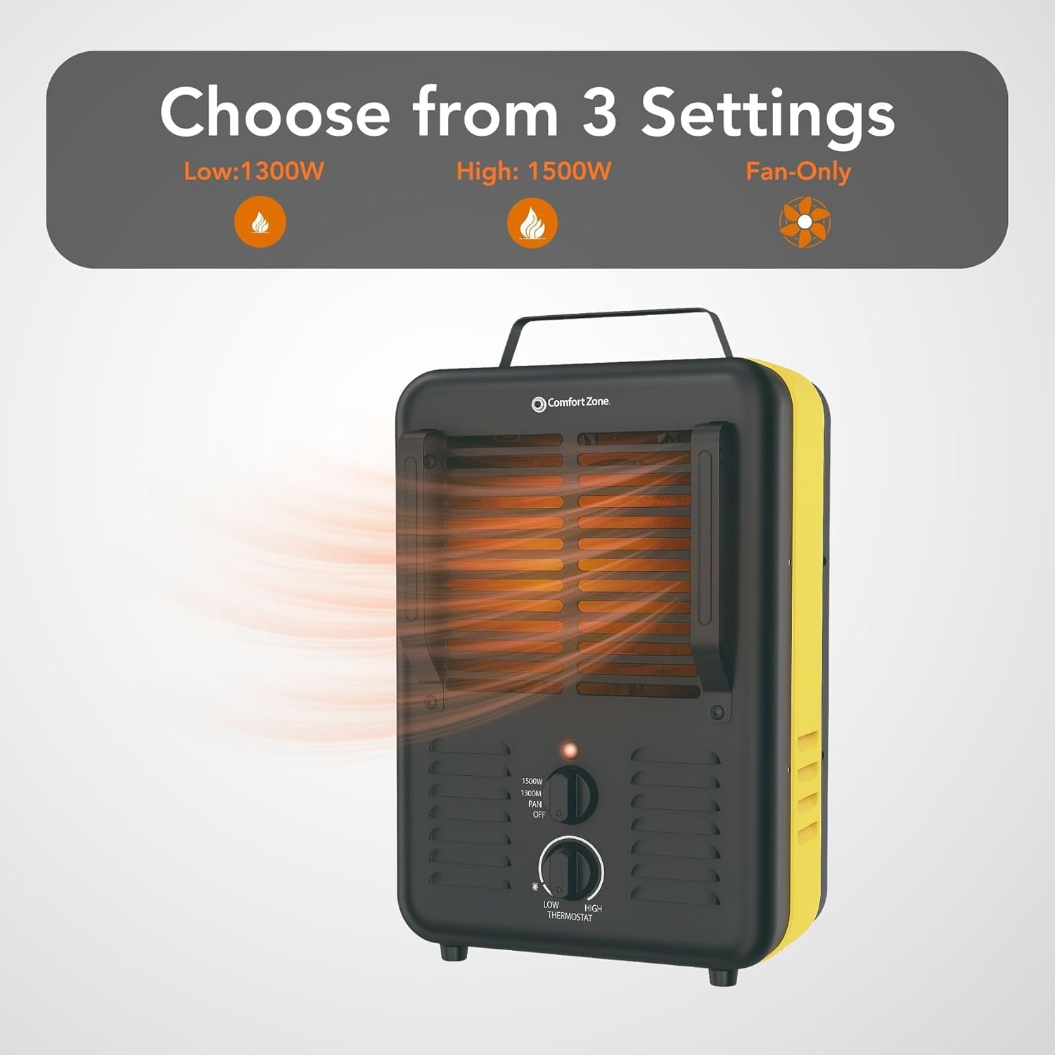 Comfort Zone 1500W Milkhouse Style Electric Utility Heater – Portable Workshop & Garage Space Heater with Adjustable Thermostat, 2 Heat Settings & Fan – All-Metal Heavy-Duty Design – Yellow/Black