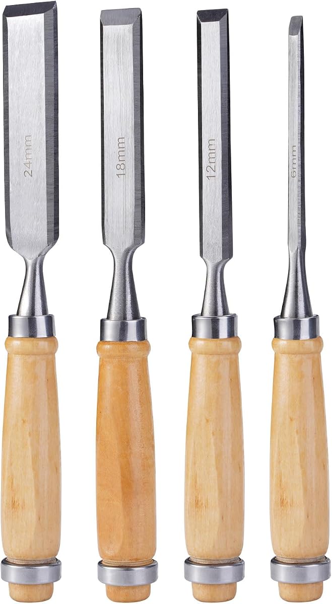 4Pcs Carbon Steel Wood Chisel Set, Beveled Blades with Guards, Wood Handle Woodworking DIY Tools (1/4", 1/2", 3/4", 1")