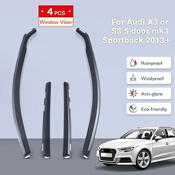 Wind Deflectors Compatible With Audi A3 or S3 MK3 2013-2019 5 Door Sportback 4pc Set, Tinted In-Channel Rain Guards for Wind, Rain & Sun Protection, Easy Installation, with 10pc Clips