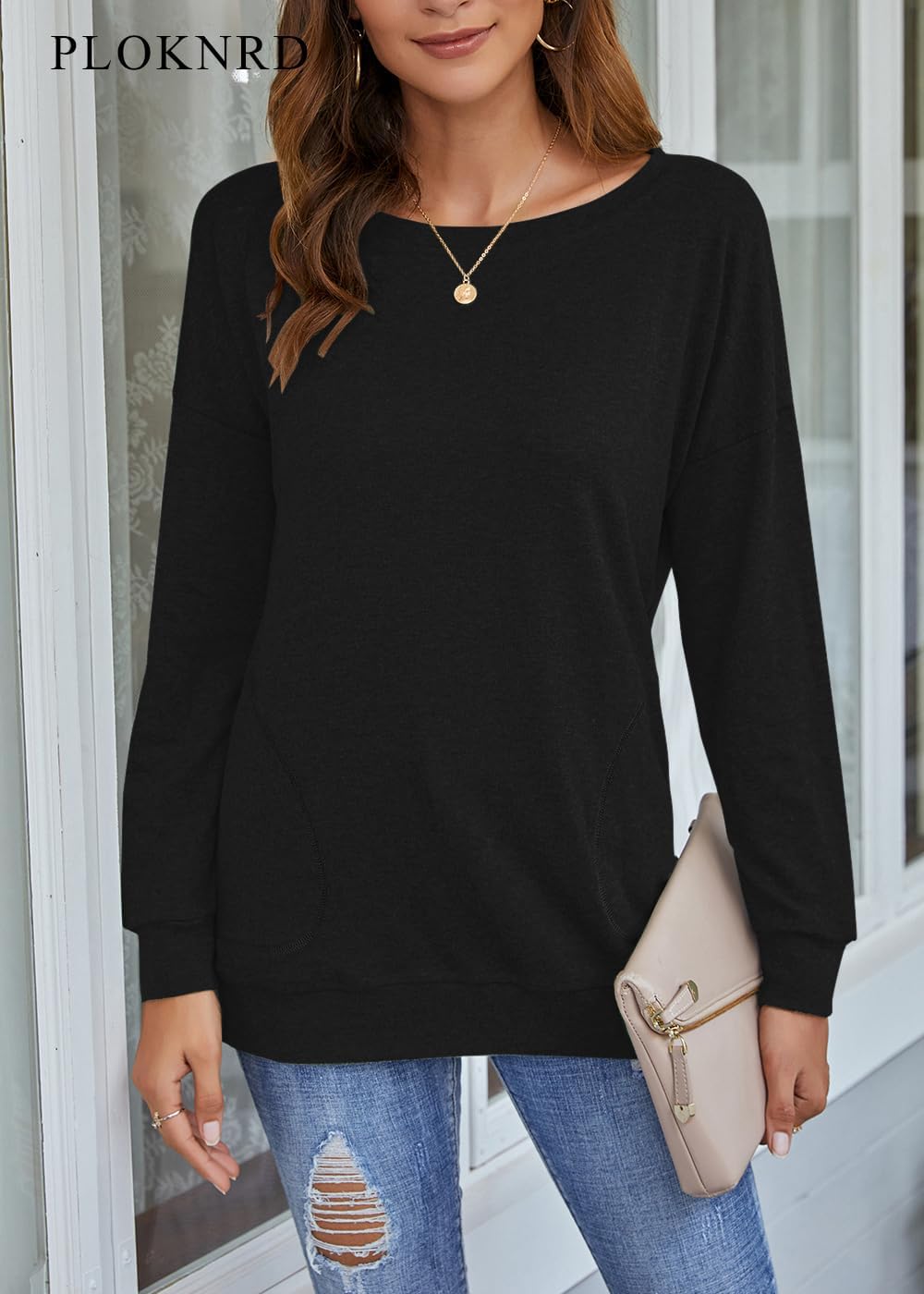 PLOKNRD Women Casual Round Neck Long Sleeve Fit Tunic Top Baggy Comfy Blouse with Pockets - Image 3