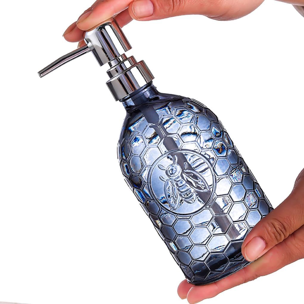 WAIT FLY Colorful Embossed Glass Soap Dispenser with Plastic Pump, Refillable Lotion Soap Bottle, Dish Soap Dispenser, Hand Soap Dispenser, Home Decoration-Grey-Bee-16 OZ image 3