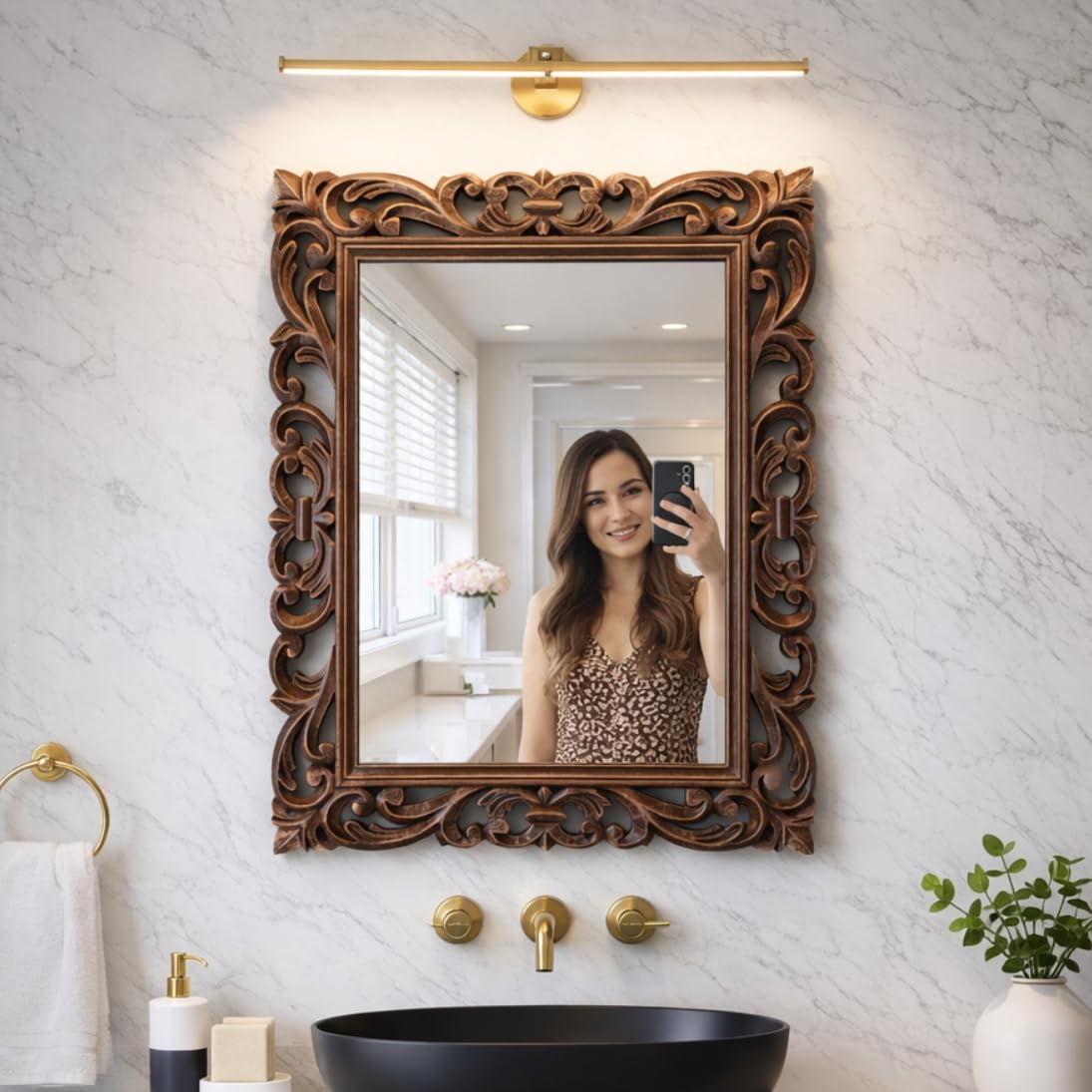 The Deqor Essential Sleek Wooden Frame Wall Mount Premium Carving Bathroom Mirror,Modern,Vanity,Glass,Bedroom,Living Room,Durable & Clear,Standard Trim,Antique Art,Rectangle,18x24 Inch|CRM1824A3-image-17