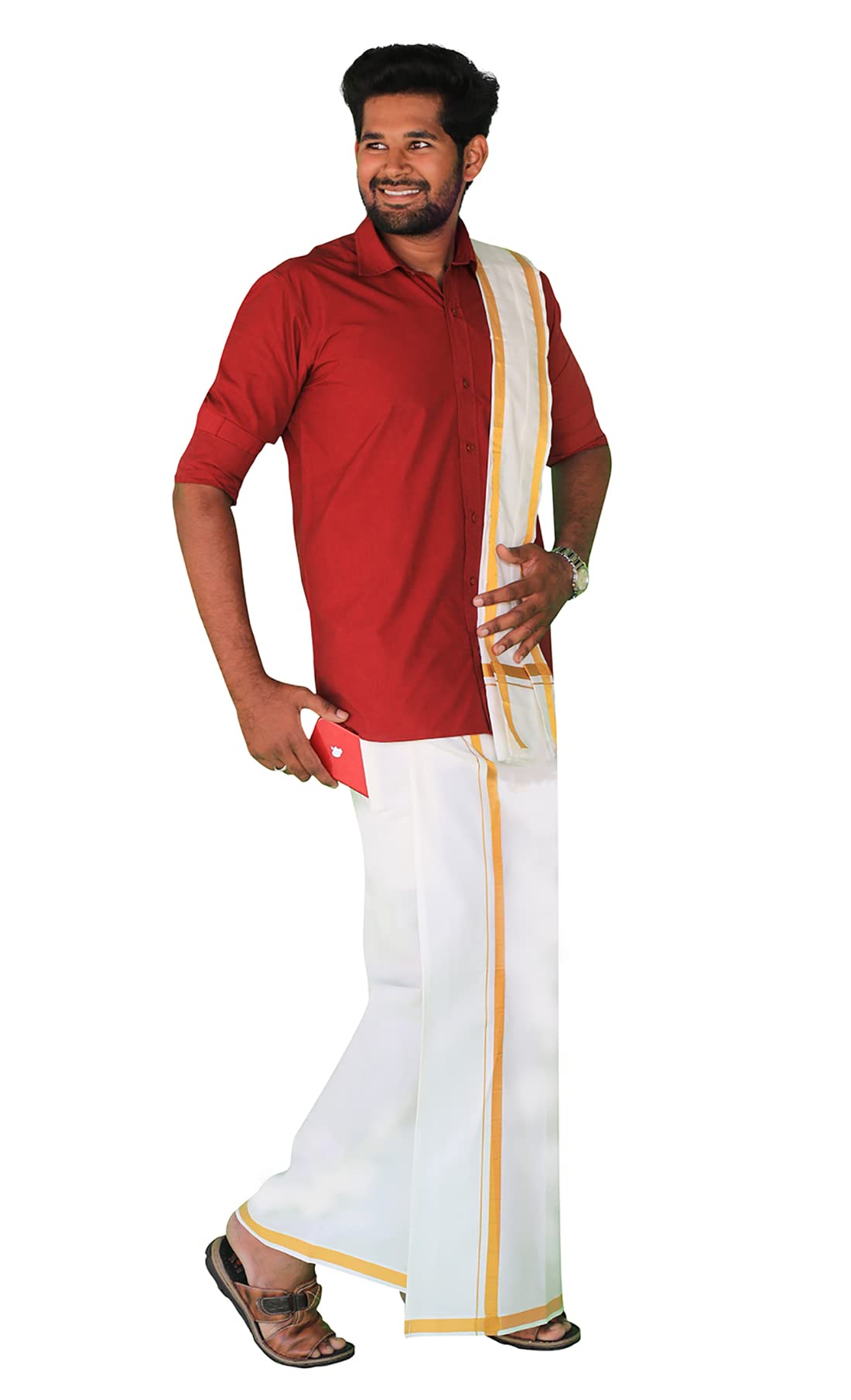 Prakasam Cotton Mens White Welcro Pocket Readymade Dhoti With Golden Jari Border + Matching Jari Cotton Single Towel Set Only (Shirt Not Included)