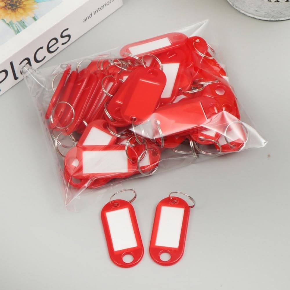 Plastic Keychain Key Tags 50pcs with Metal Split Ring Durable ID Name Labels for Luggage Home Office Organization, Red