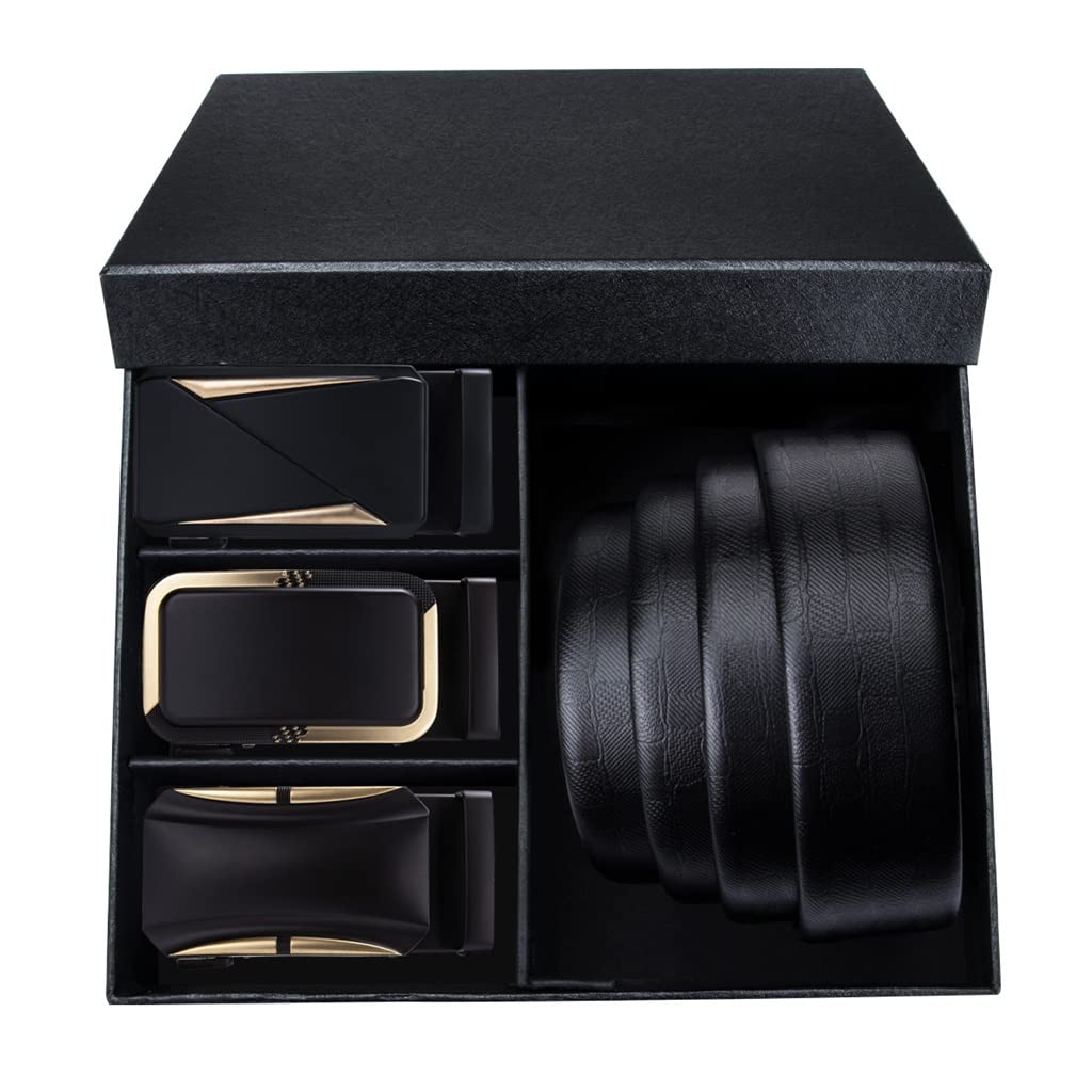 Ceinture en cuir véritable noir pour homme avec boucle automatique dorée élégante