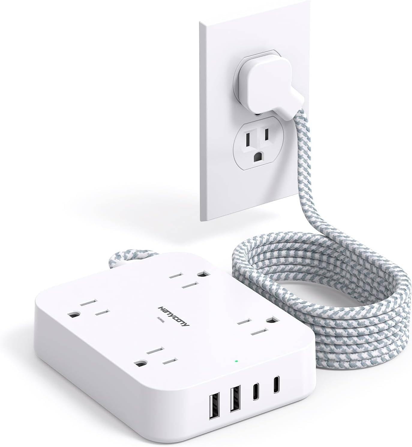 Surge Protector Power Strip 10 Ft Cord, HANYCONY Extension Cord with 4 USB Ports(2 USB C), Desk Power Strip with Long Cord, Flat Plug, Wall Mount for Office Home College Dorm Room Essentials