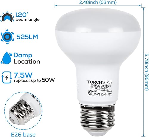 Miniatura 10 de TORCHSTAR Bombillas LED BR20, luz de inundación para interiores R20, regulable, 7.5 W (50 W equivalente), UL y Energy Star, luz diurna de 5000 K,