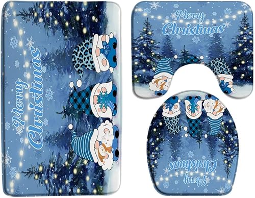 Juego de 3 alfombrillas de baño de gnomos de Navidad con diseño de árbol de pino azul, bosque, gnomo, elfo, copo de nieve, invierno, festival,