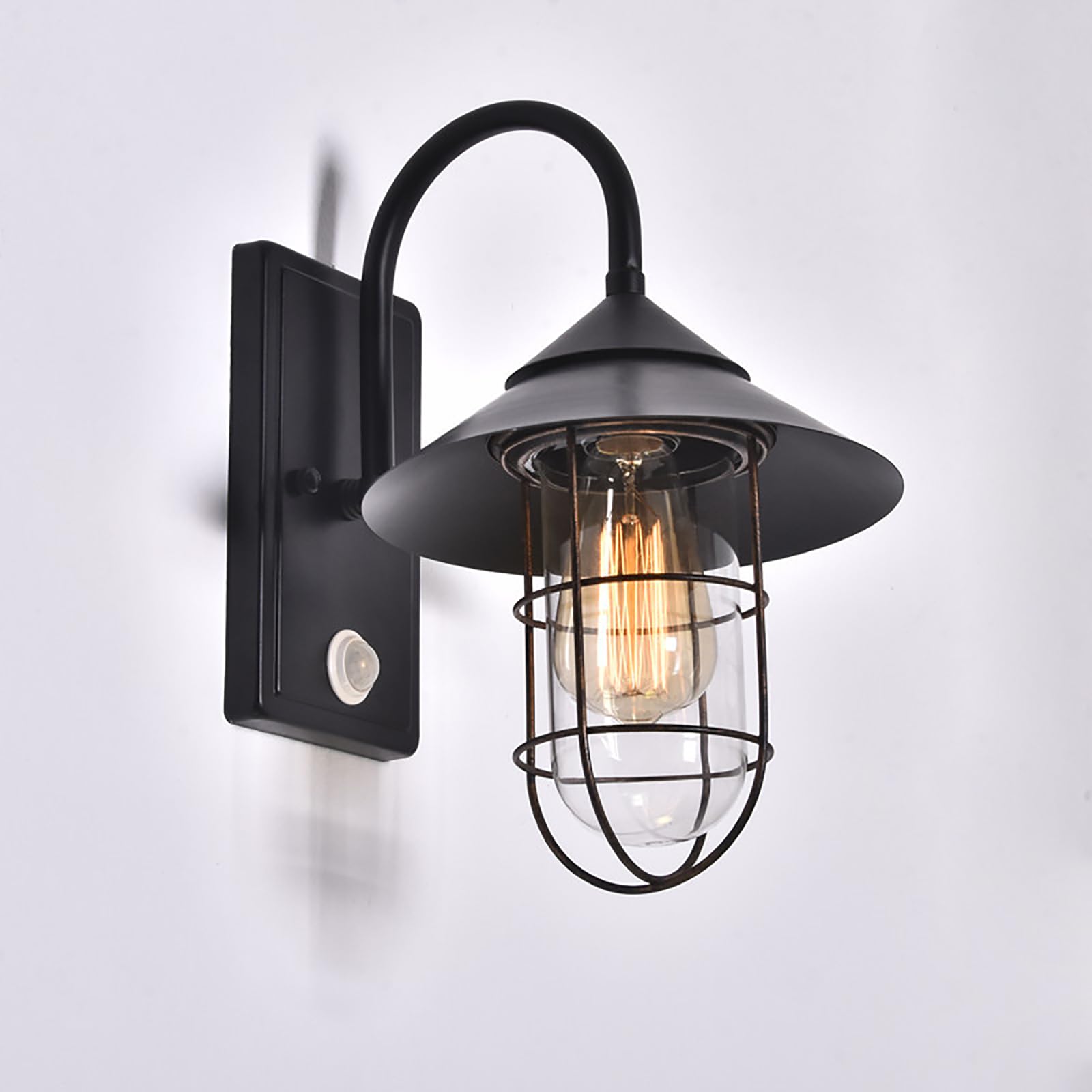 Außenlampe mit Bewegungsmelder, Vintage Wandleuchte E27, IP54 | Schwarze Metall-Außenleuchte mit Glasschirm und E27-Fassung für Hauswand, Eingang, Terrasse Ohne Leuchtmittel max. 60 W
