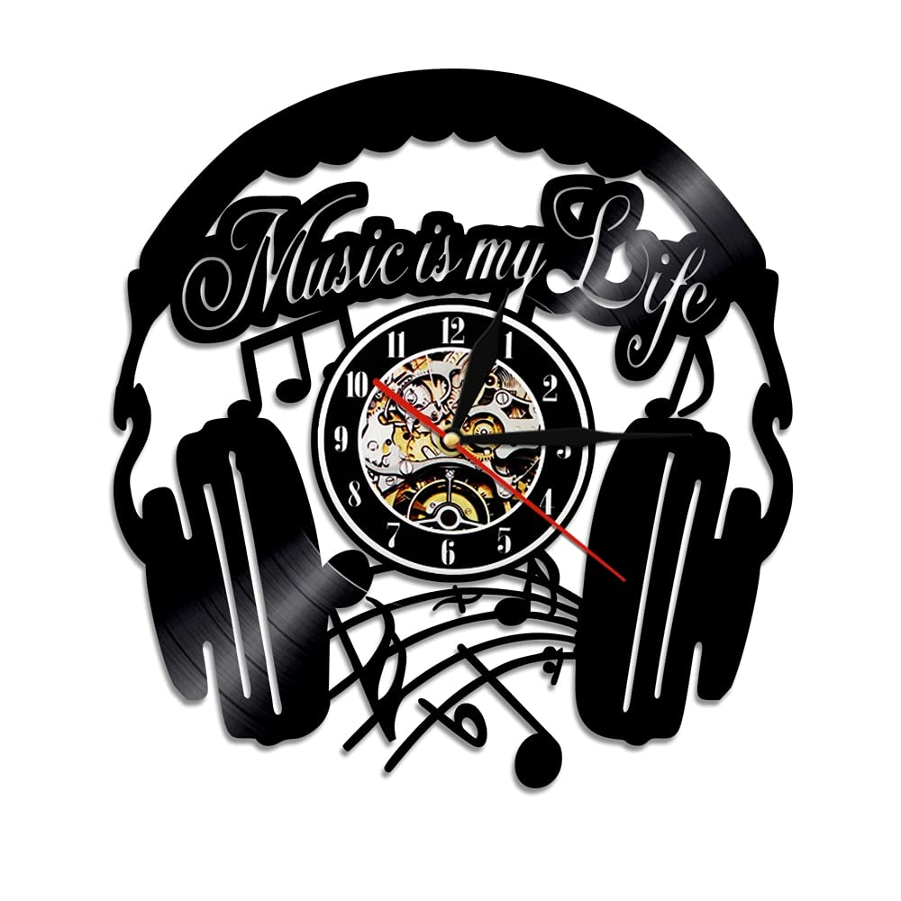Music Is My Life Orologio da parete con disco in vinile Decorazioni per la casa Orologio da parete Orologio da parete Cuffie Orologi a tempo Appassionati di musica rock Appassionati Idea regalo Diam