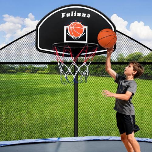 Bestsci Trampoline Basketball Hoop Fits Diameter 25mm - 32mm Straight & Curved Pole Basketball Hoop for Trampoline Universal Trampoline Basketball Hoop Attachment with Ball Pump and Protective Net.