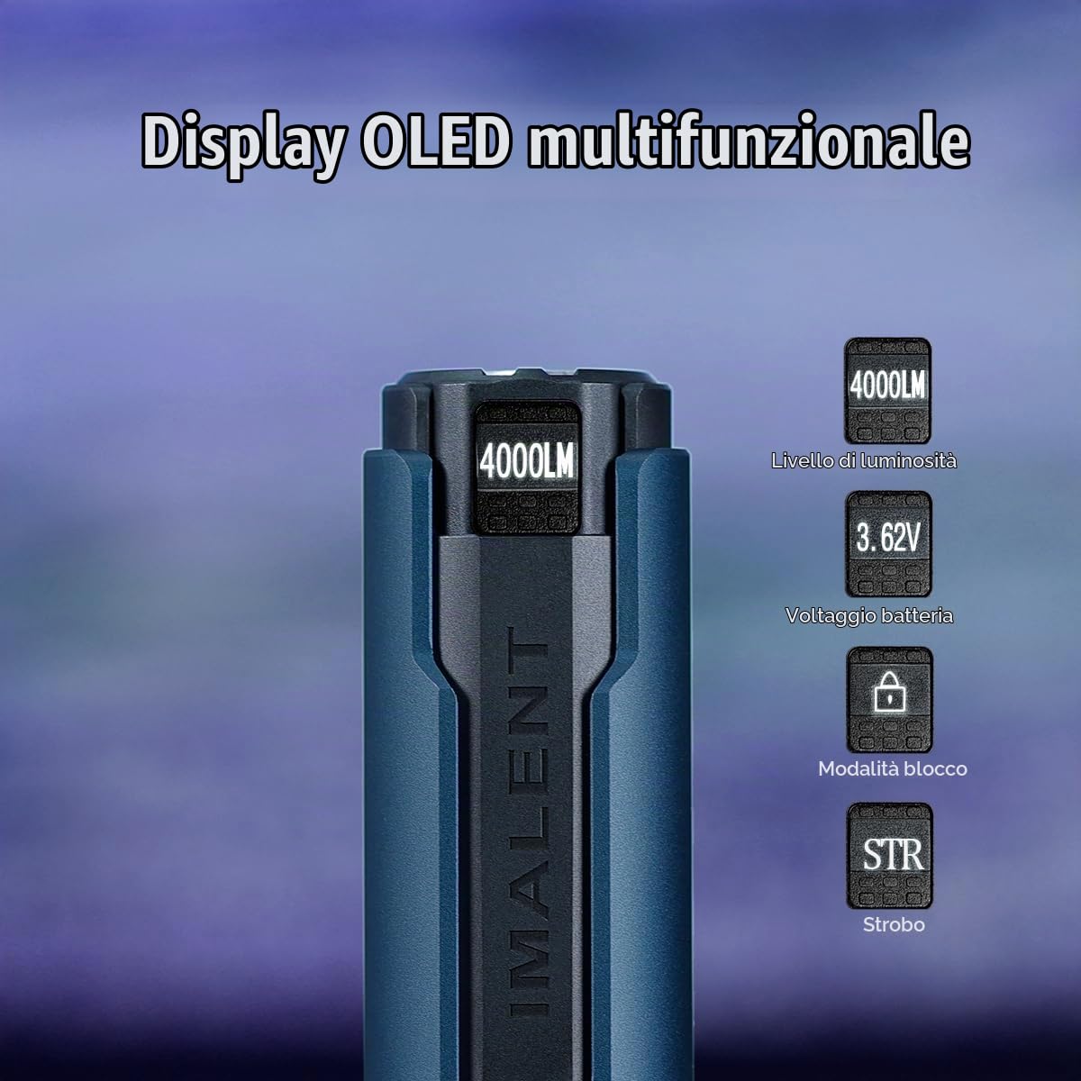 IMALENT LD70 Torcia EDC Torcia Tattica Ricarica magnetica e usb,4000lm,203M, 5 Modalità, Impermbile IP68, display OLED, per Campeggio, Escursionismo, Emergenze (Blu notte)