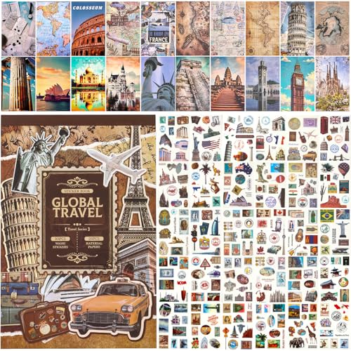 Auguro Scrapbook Stickers - 300 Pre-Cut Washi Stickers & 20 Scrapbook Papers for Travel Journaling