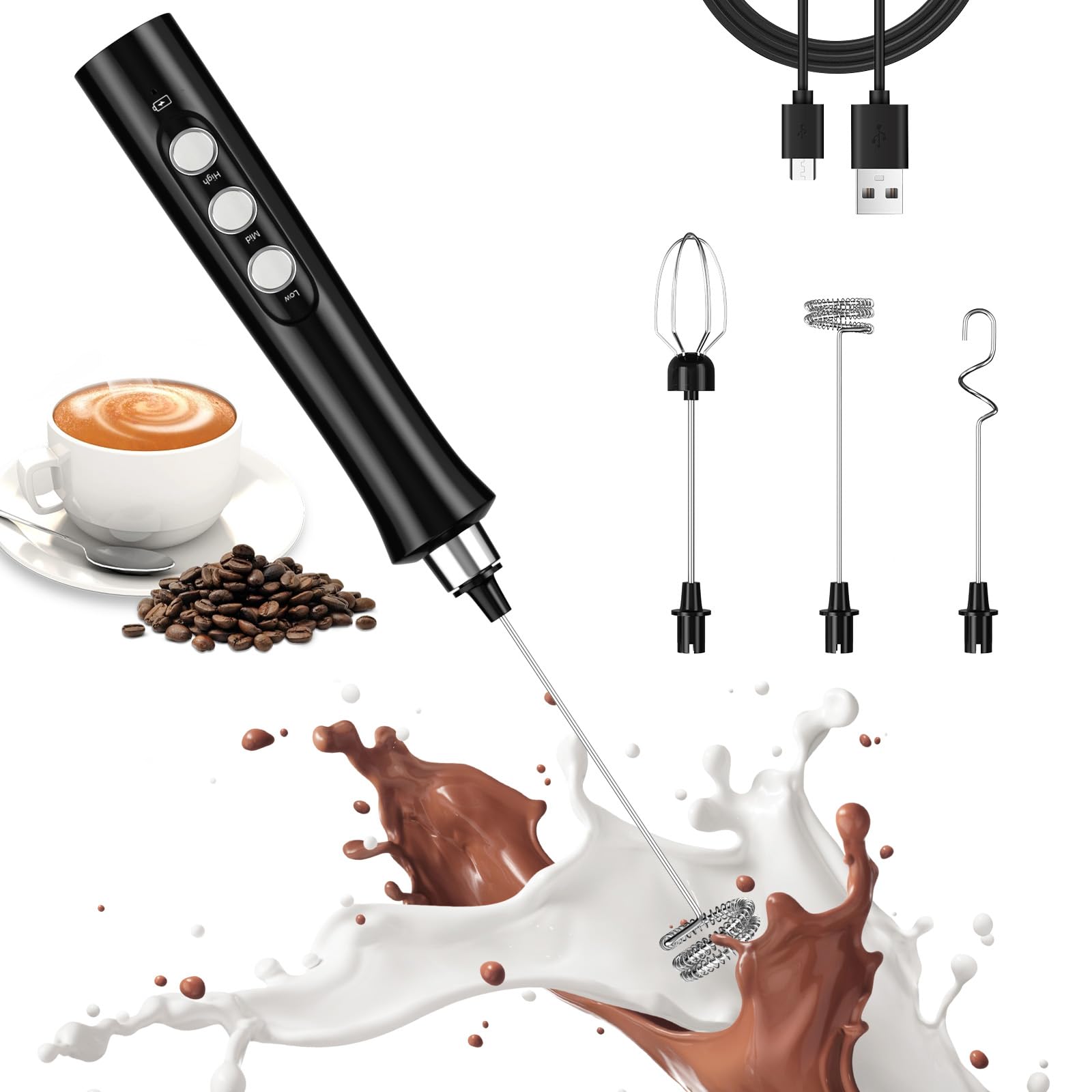 FITNATE Espumador de Leche Portátil, Batidor de Leche Eléctrico Recargable con 3 Velocidades y 2 Batidores de Acero Inoxidable, para Café, Chocolate Caliente, Latte, Cappuccino