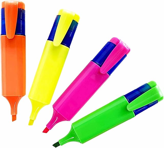 Assorted Neon Highlighter Colored Highlighter Pens Fluorescent Colors Pen Chisel Tips Orange Yellow Pink and Green Pens For School Office Stationery Supplies Aesthetic School Supplies (Pack Of 4)