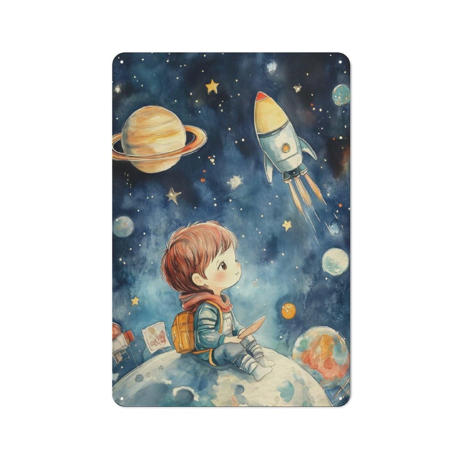 Junmoney Boys Gazing At Rocket In Space Retro Metal Plaque 30X20cm For Lounge Or Reading Corner, For Vintage Wall Decor Fans, For Themed Room Decoration