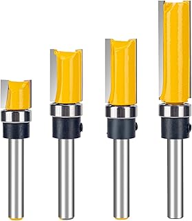 MoTrent Pattern Flush Trim Router Bit Set with 1/4 inch Shank, 4Pcs 1/2'' Cutting Diameter Carbide Bits with Top Bearing Prevent Tear-Out, Template Guide Woodworking Milling Cutter Tool