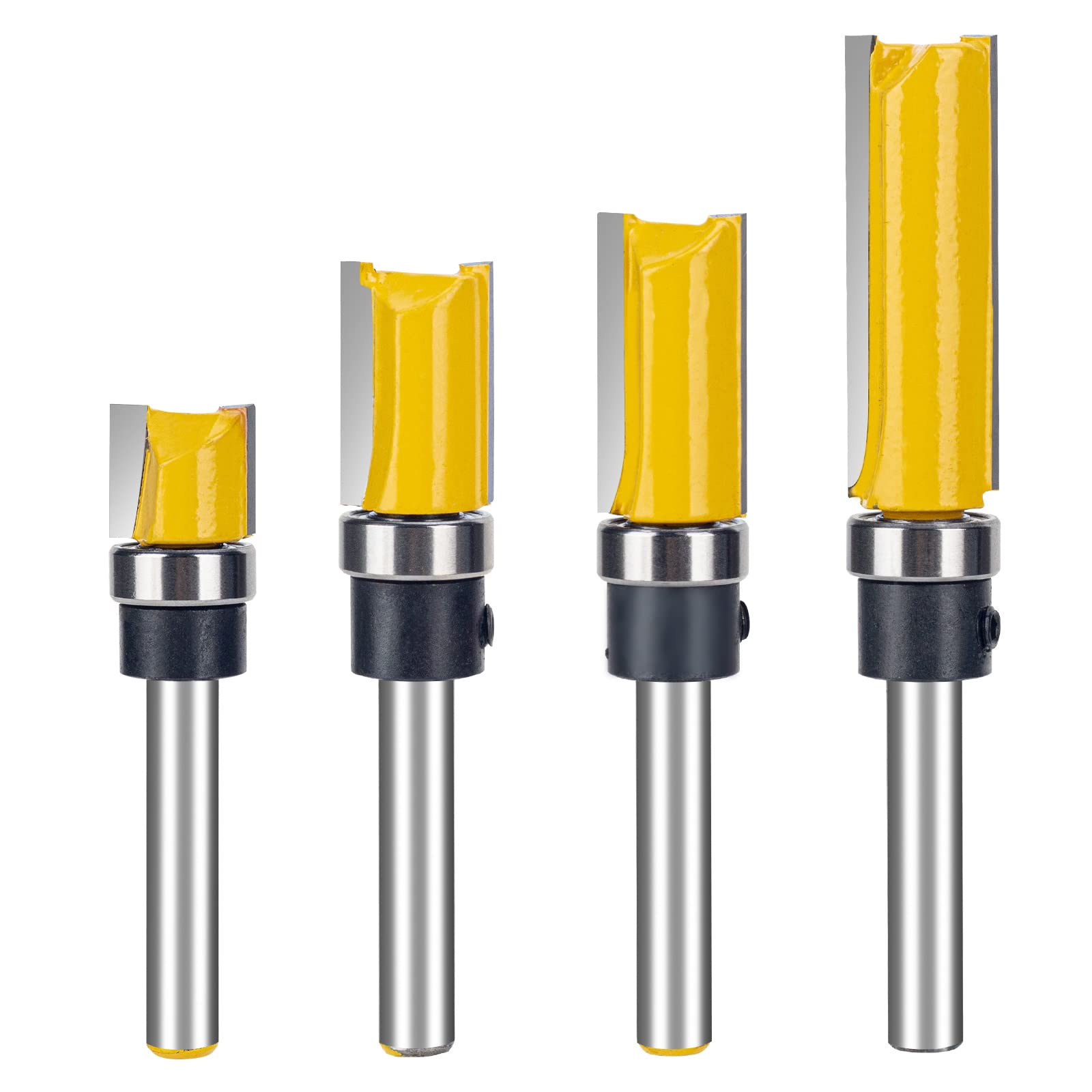 MoTrent Pattern Flush Trim Router Bit Set with 1/4 inch Shank, 4Pcs 1/2'' Cutting Diameter Carbide Bits with Top Bearing Prevent Tear-Out, Template Guide Woodworking Milling Cutter Tool
