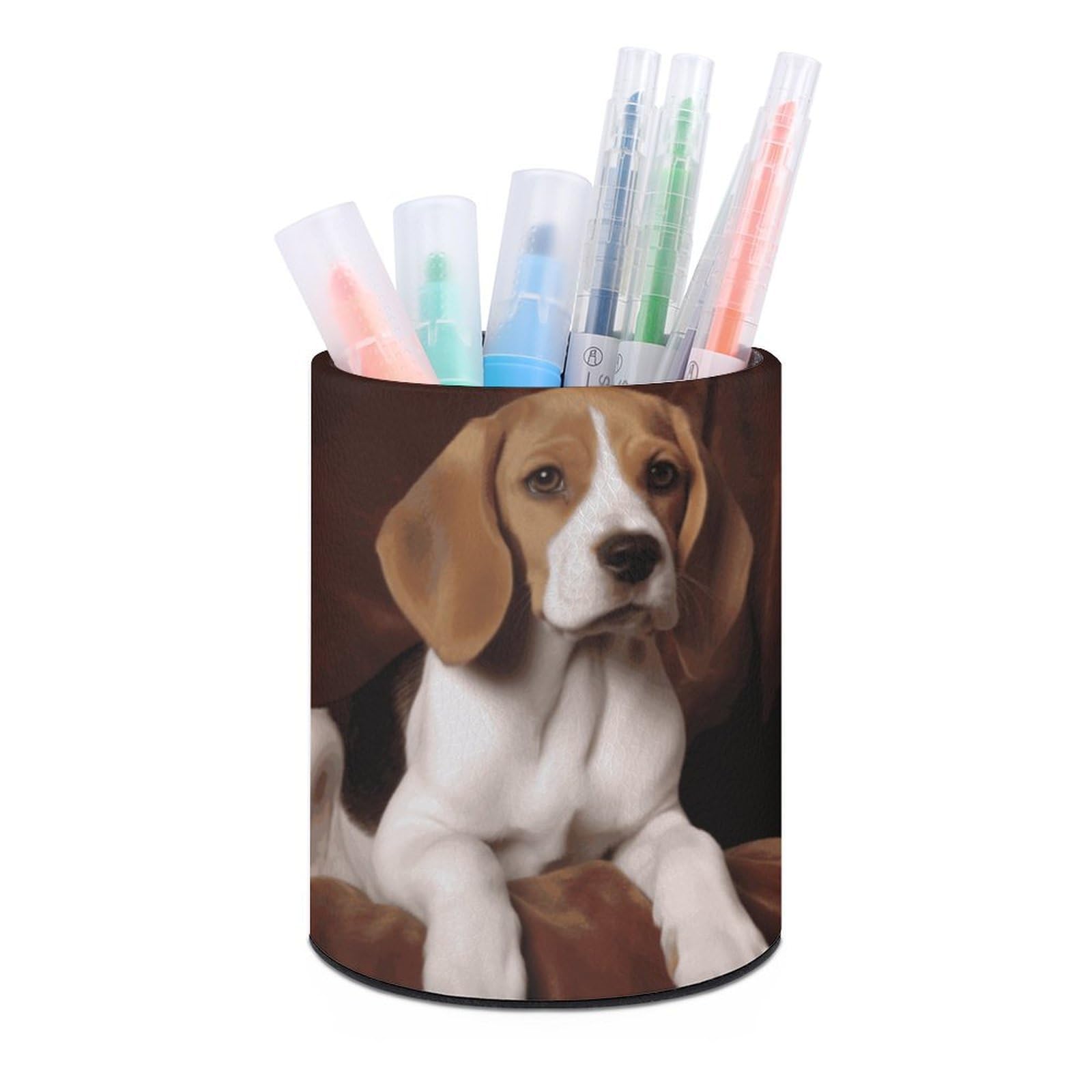 DWVTSLH Aesthetic Pen Holder for Desk - Modern Leather Pencil Holder - Stylish Round Makeup Brush Holder - Ovely Pet Dog Beagle Pen Cup Cute And Functional Desk Organizer for Office Supplies
