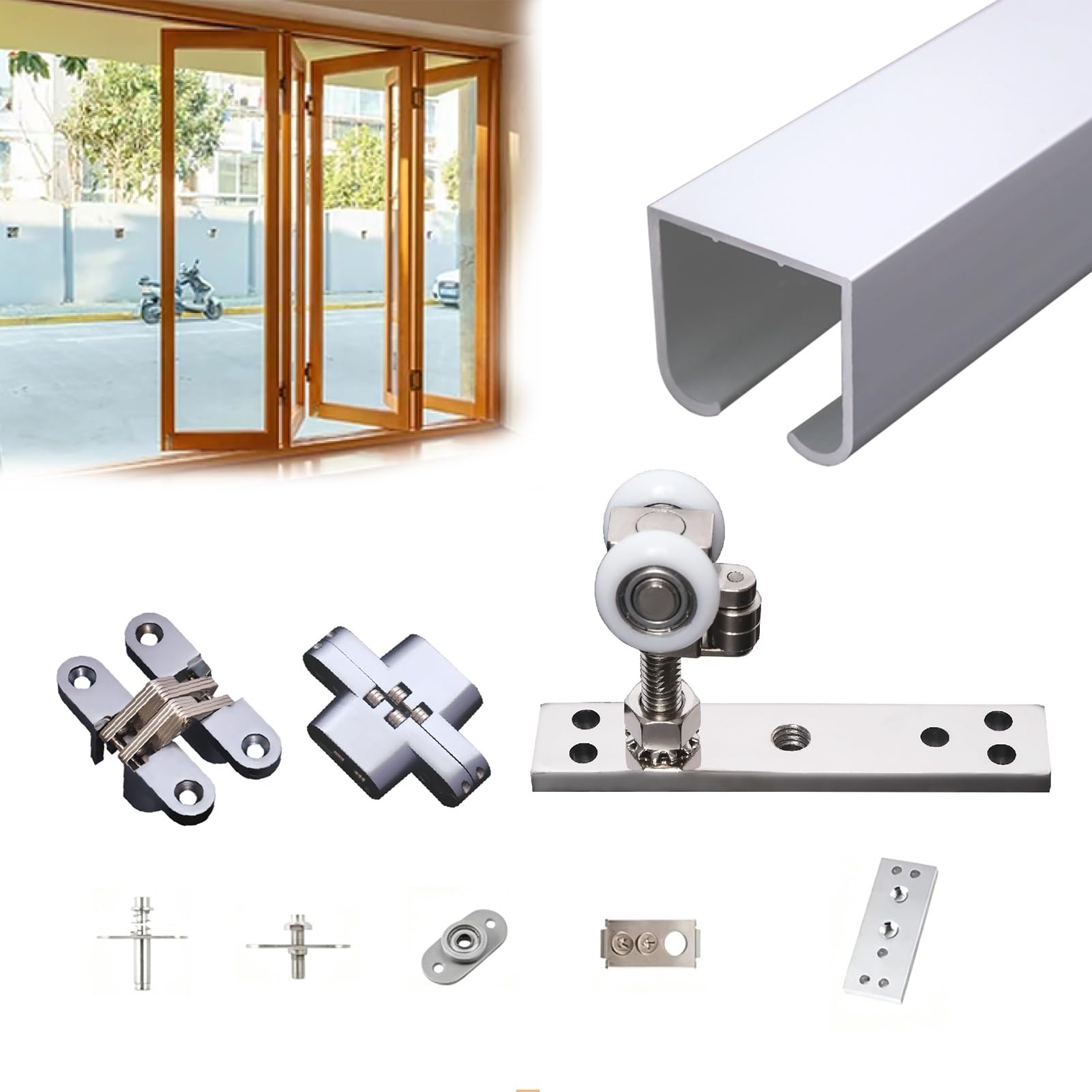 Jievmrs Bi-folding Sliding Closet Door Hardware & Track Kit, Commercial Grade Pocket Door Guide No-Floor Rail, Cabinet/Closets Barn Gate Hardware Set