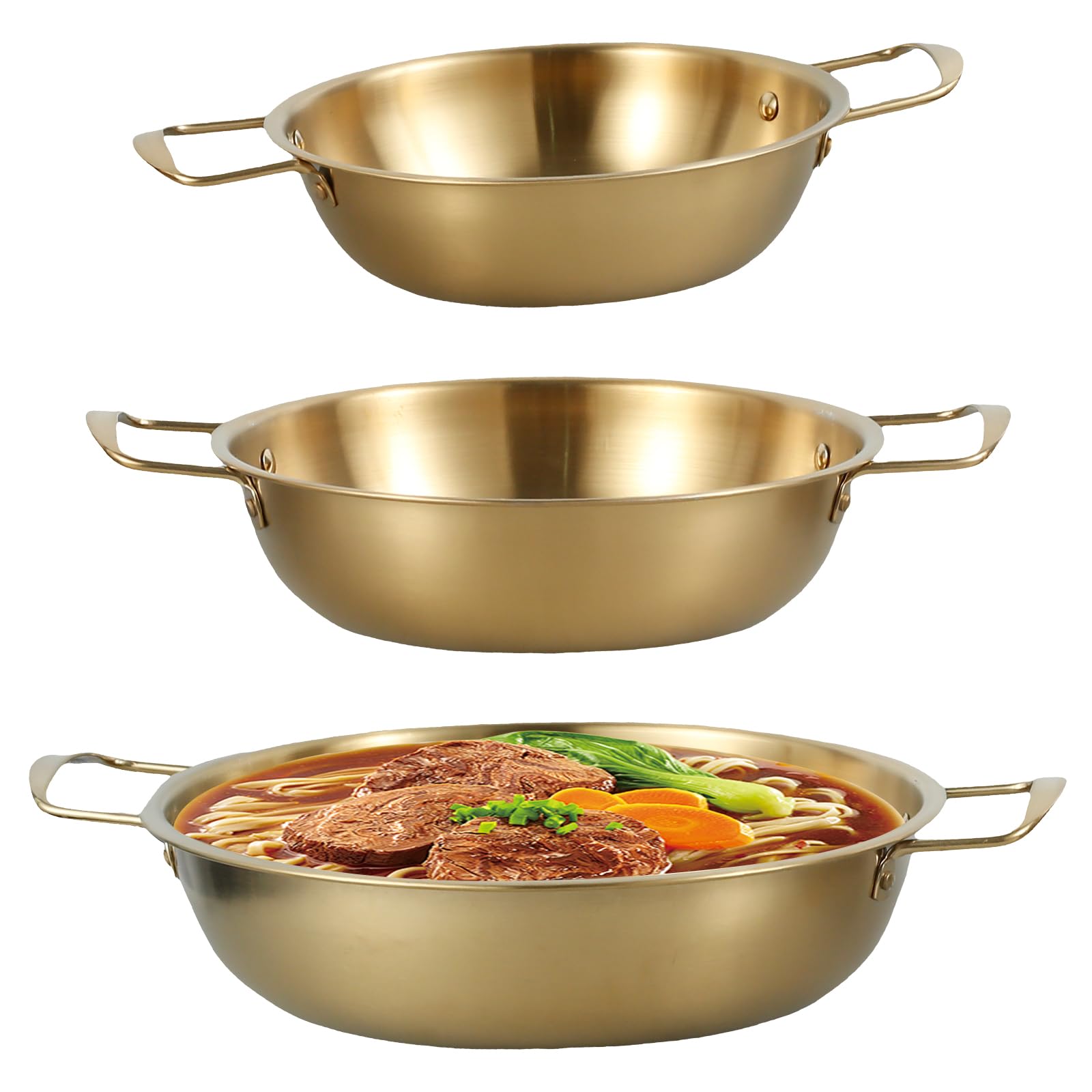 Set of 3 Korean Ramen Noodle Pot with Handle, Stainless Steel Ramen Cooking Pot Rustproof Practical, Golden Cooking Pot Korean Noodle Pot Saucepan Fast Heating for Soup, Noodle, Pasta