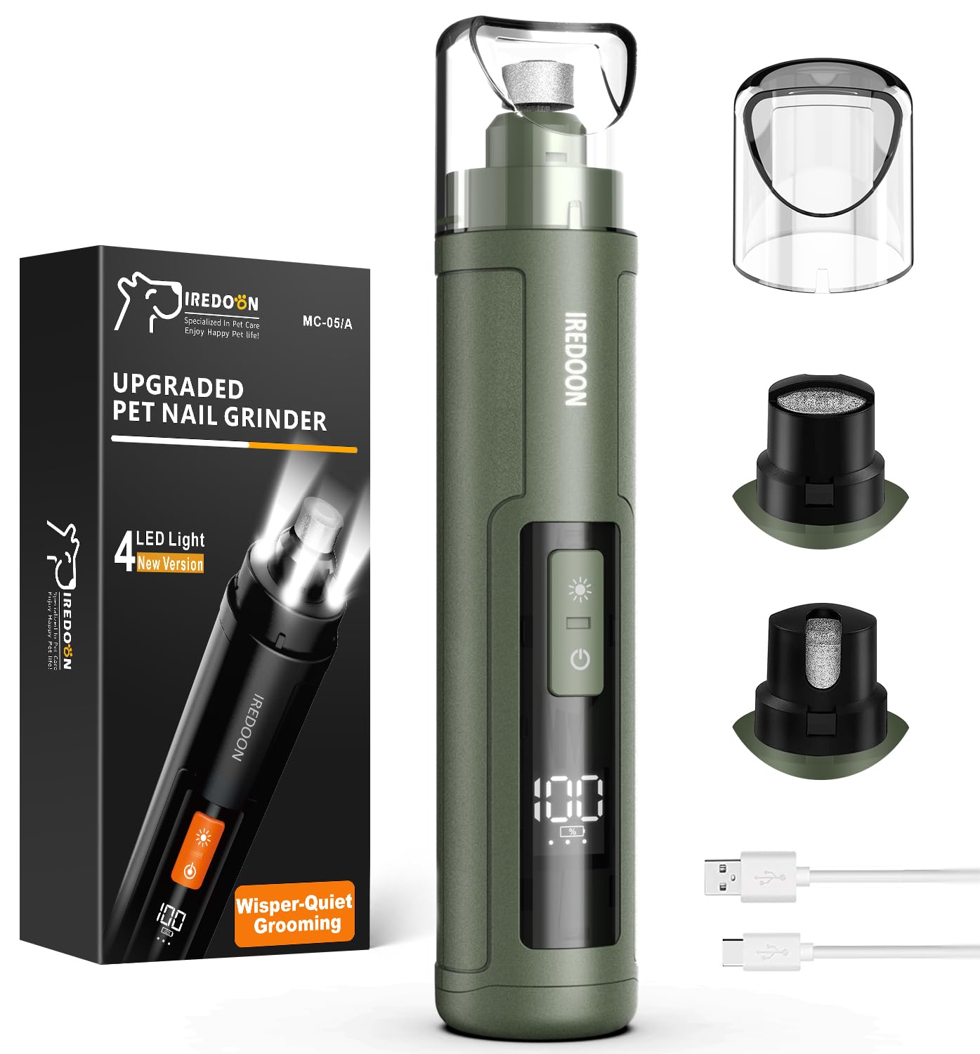 IREDOON Smerigliatrice per Unghie per Cani, 3 Marce con 4 luci a LED（Verde） | Super Silenziosa, Lima Elettrica Professionale, Con Contenitore Per Unghie, Adatto A Cani E Gatti Di Taglia Grande E Media