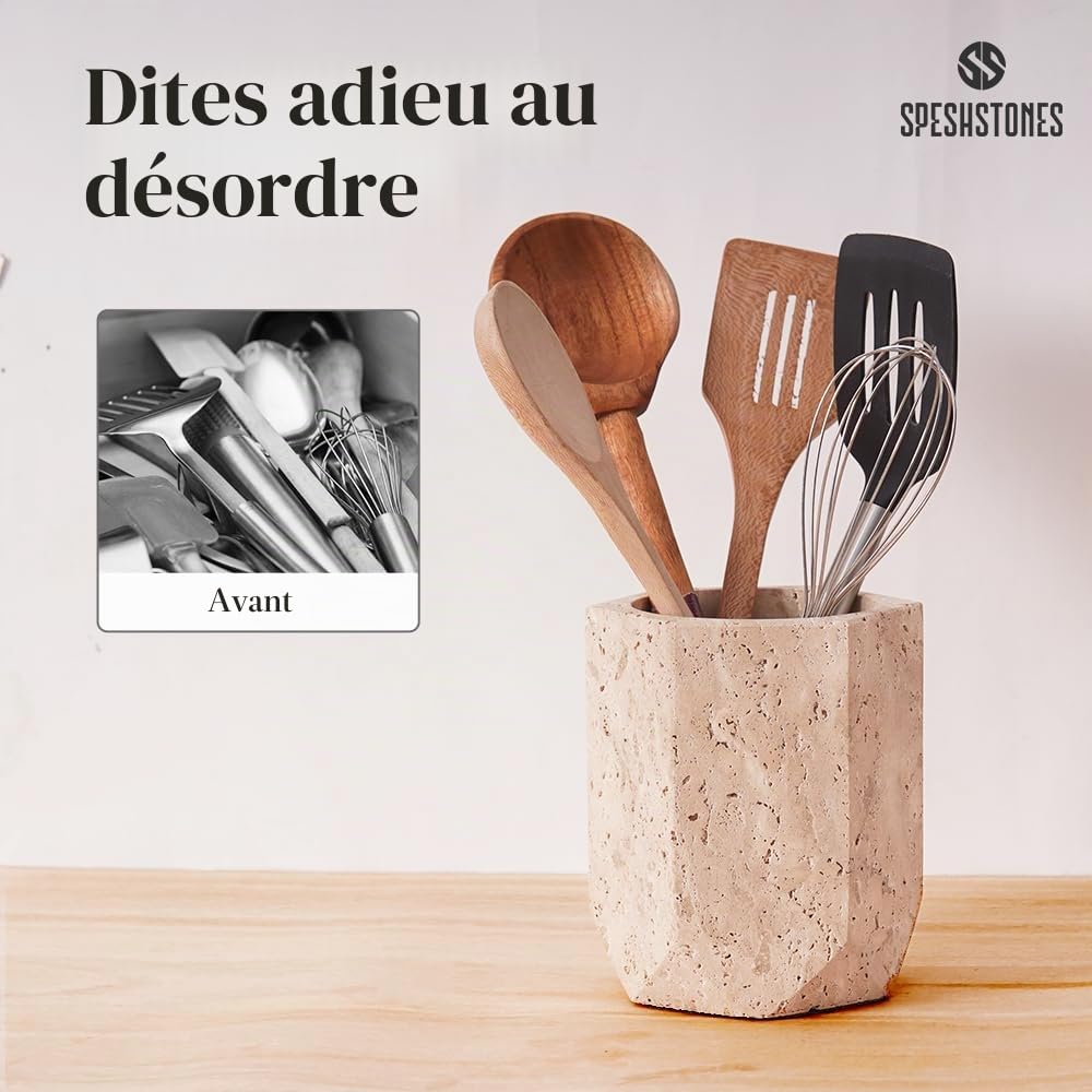 SPESHSTONES Porte-ustensiles en marbre de 16,5 cm, ensemble d'ustensiles de cuisine en pierre, pot en grès pour le rangement sur le plan de travail, porte-ustensiles moderne en travertin
