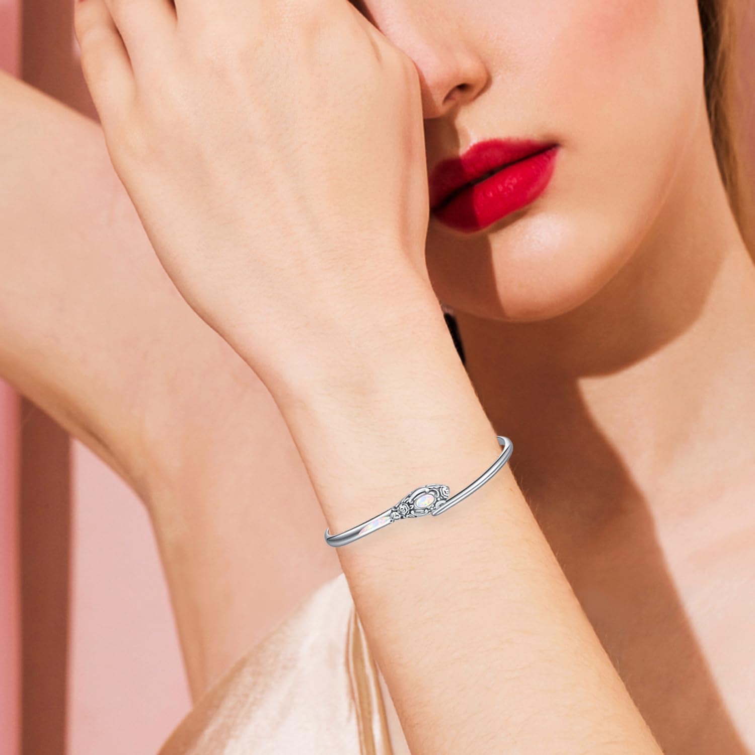 Sterling Silver Bangle Bracelets Opal Bangle Bracelets for Women Vintage Flower Cuff Bangle Bracelets Jewelry Gifts - Image 2