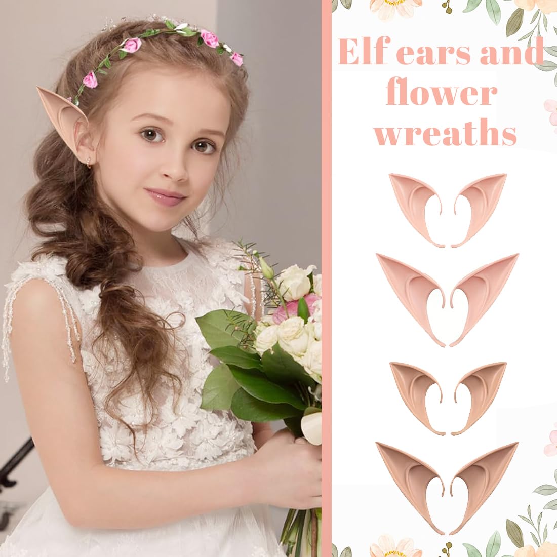 Uszy Elfów, 8 szt. Uszy wróżki ucha Elfa, Uszy Elf Cosplay Uszy Chochlik, z 1 koroną kwiatów, do Cosplay Halloween Karnawał Maskowy